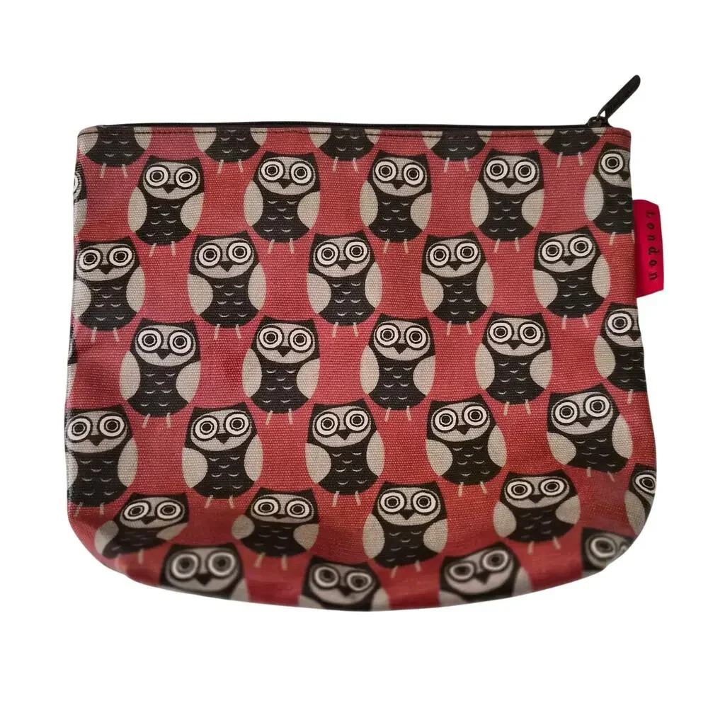 Nicky James London Owl Print Makeup Bag Red Canvas Cosmetic Pouch Case